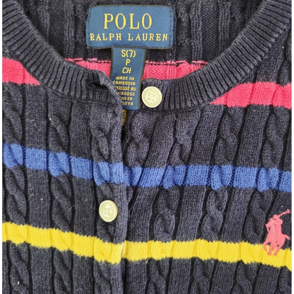 Polo Ralph Lauren girls 7 Navy Multicolor Cable-Knit Striped Cardigan Sweater